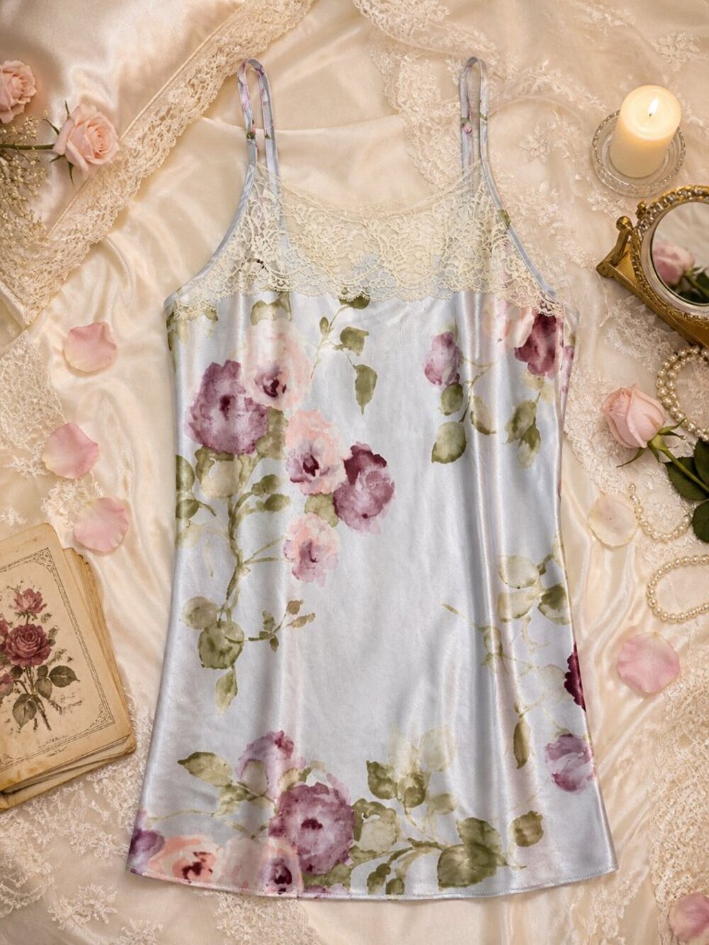 VTG California Dynasty Satin Lace Chemise Slip Icy Purple Flowers, Size Medium